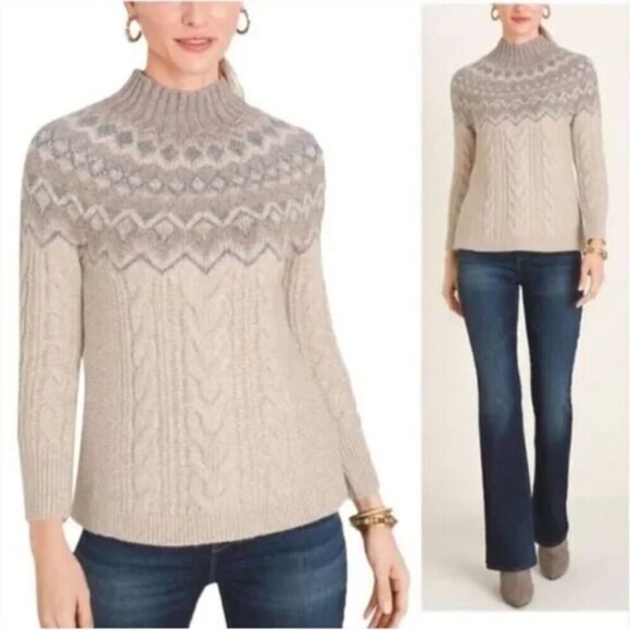 Chicos Fair Isle Cable knit sweater Cabin-core Nordic Scandi Large Wool - Picture 8 of 9